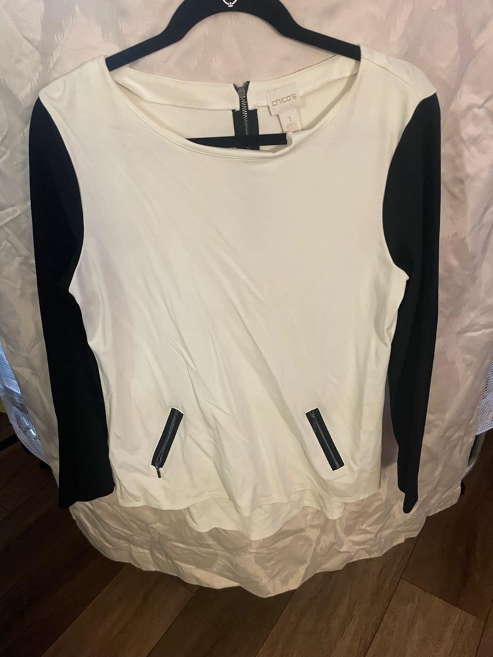 Chico's White Front with Black Sleeves Long Sleeve Top